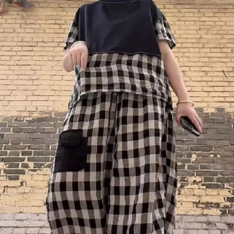 2025 New Spring Retro Cotton Linen Womens Two Peice Sets Fashion Splicing Plaid Short Sleeved Top and Casual Loose Pants Set