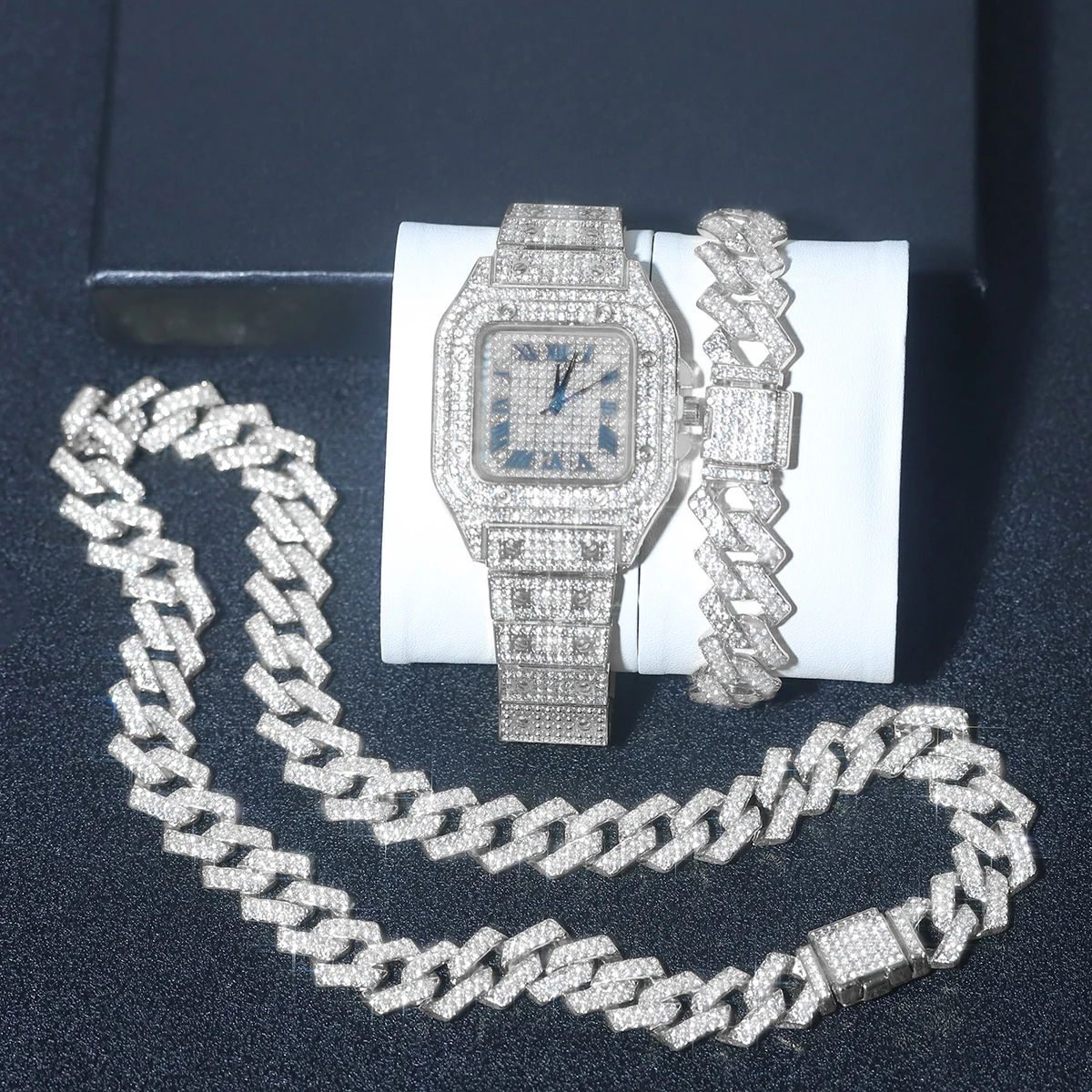 3pcs Men Stylish Watch Set Iced Out Hip-hop Punk Square Watch+Cuban Chain+Bracelet 3-in-1 Set Men Women Party Trend Jewelry Gift