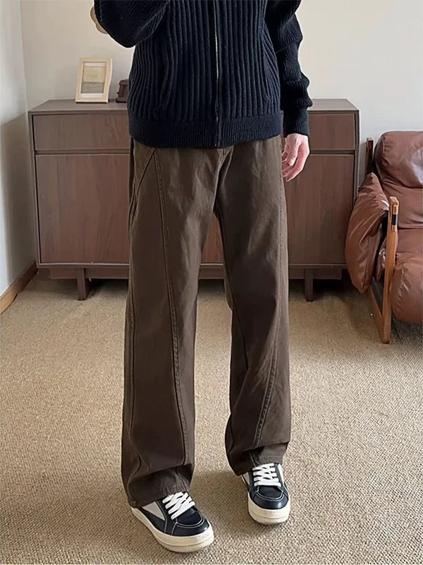 

Cleanfit Brown Khaki Men's Jeans Spring Autumn Vintage Straight Leg Workwear Trousers High Waist Zipper Closure Wear Resistant