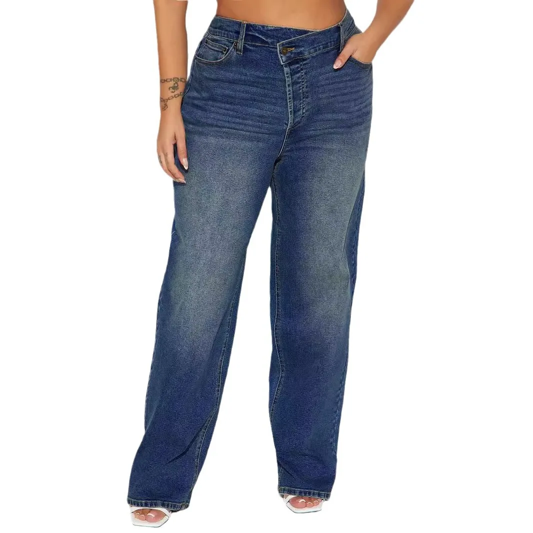 ジーンズストレートパンツ女性ヴィンテージフロアレングスハイウエストストレッチポケット洗浄ユーズド加工デニムパンツ 2025 ストリート