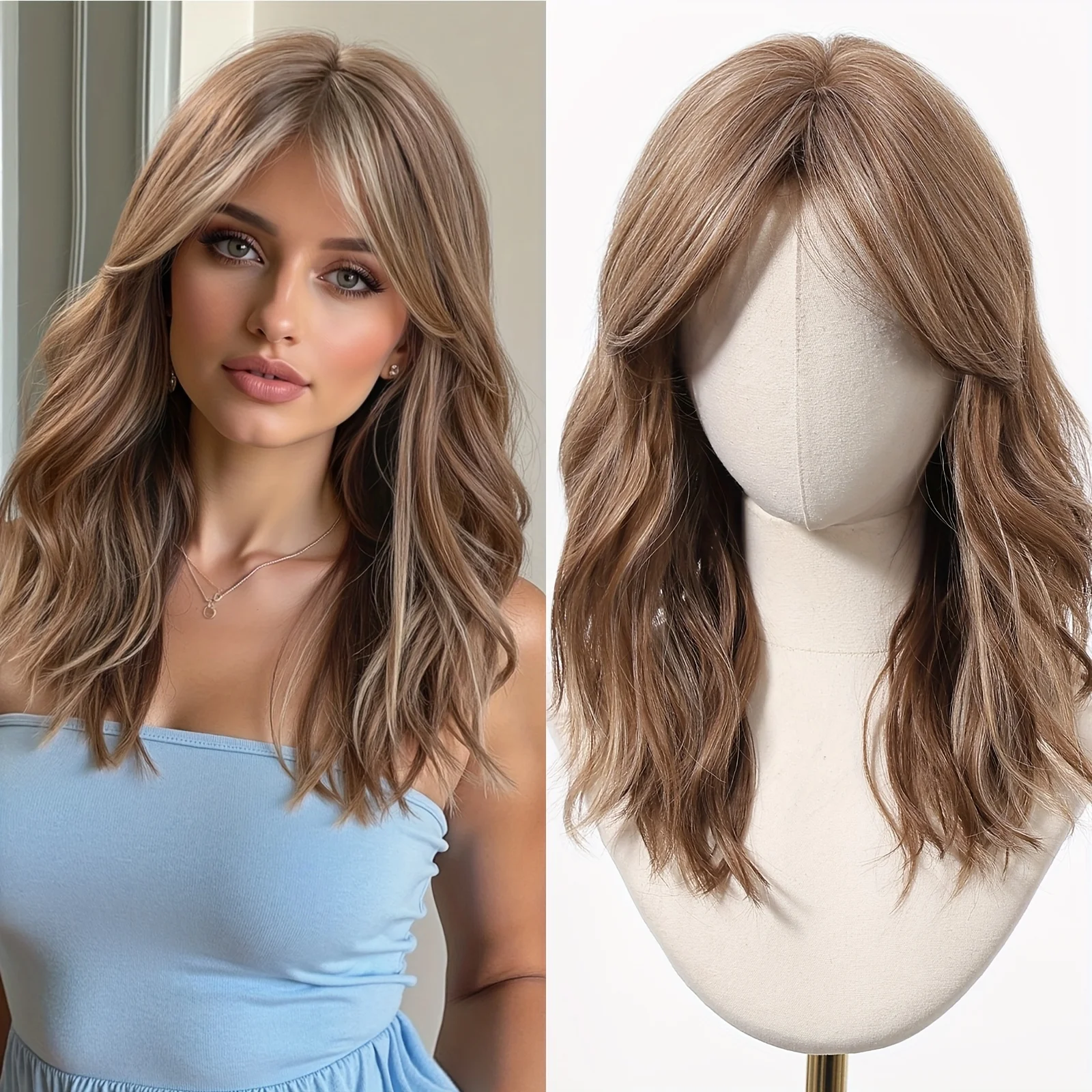 

18-дюймовый коричневый длинный вьющийся парик с боковой челкой и бликами, синтетический женский парик, подходящий для любого случая