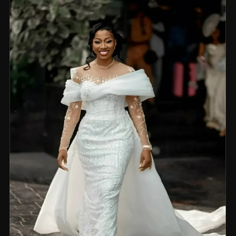 Customized Sheer Neck Shinny Sequins Appliques   Wedding Dress with Removable Skirt Vestidos De Novia Long Sleeves Bridal Gown