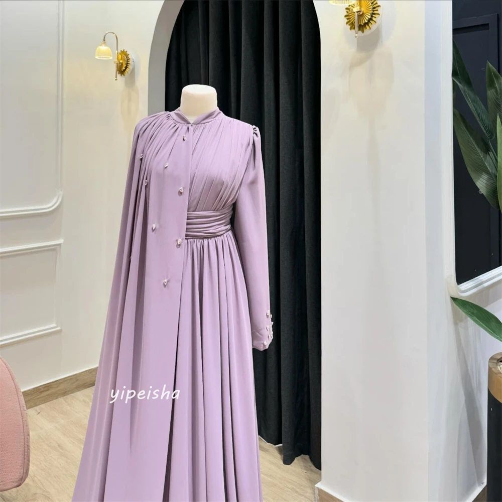 Gaun Prom Arab Saudi gaya Modern sederhana Formal malam kerah tinggi A-line gaun Prom Satin panjang Kelim menggantung