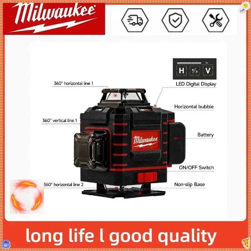 Poziomica laserowa Milwaukee 4-stronna*360 stopni pionowa 4.2V 3-4D 16 linii zielona wiązka samopoziomująca się pionowa linia krzyżowa laserowa