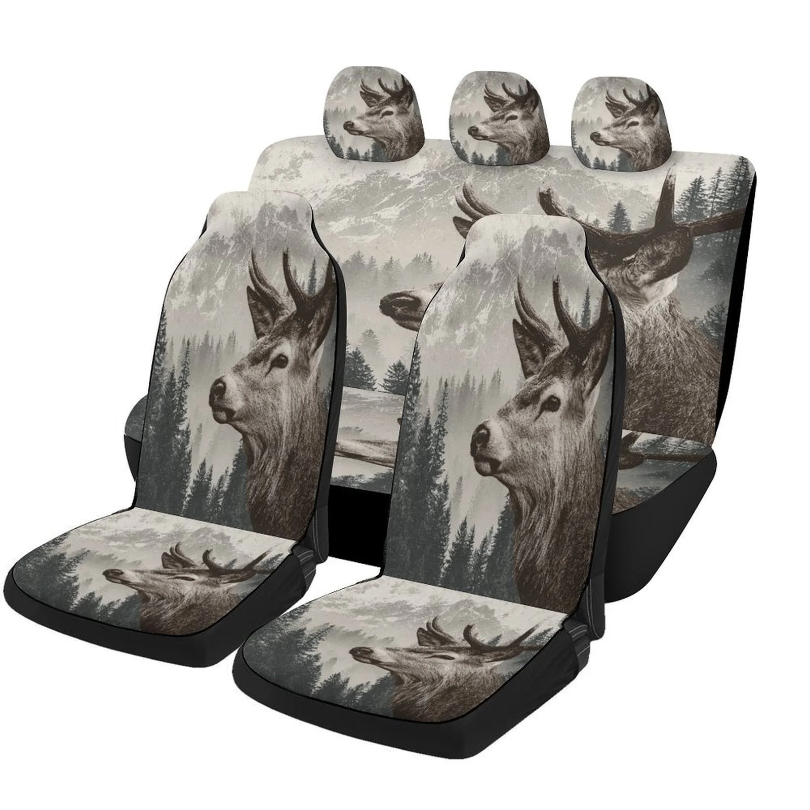

Deer Mountain Forest Designed Car Seat Cover Set For Most Cars, Trendy Novelty High-quality Car Seat Protector Covers Full Set,