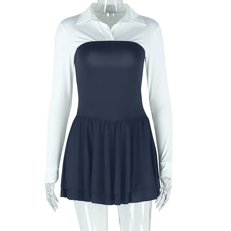 Feng Ins Damen-Cardigan-Hemd, einfarbig, Spleißen, kontrastierend, Revers, gefälschtes zweiteiliges Kleid, trendiges Kleid