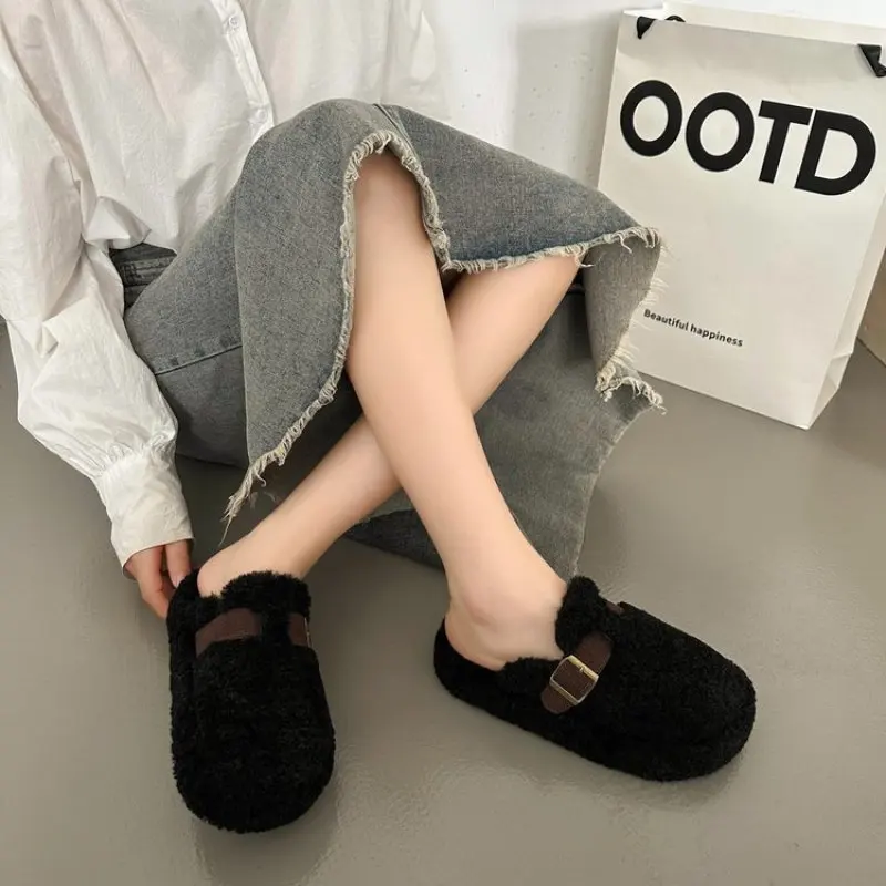 2024 Women Fashion Platform Fur Slippers Winter Non Slip Warm Plush Fluffy Slides Solid Closed Toe Indoor English Style Casual