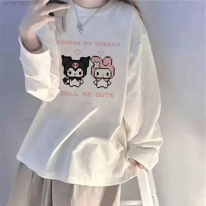 Sanrio Hello Kitty Long Sleeved White T-shirt Kawaii Y2k Girls Korean Style Hip Hop Grunge Sweetshirt Youthful Woman Clothes Yk2