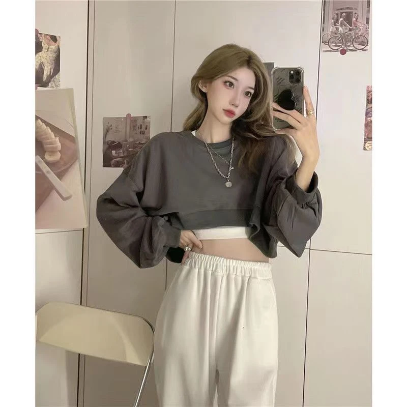 Fall Women O Neck Long Sleeve Crop Top T Shirts Korean Fashion Sexy Harajuku Casual Oversized Pullover Sports Hip Hop Streetwear