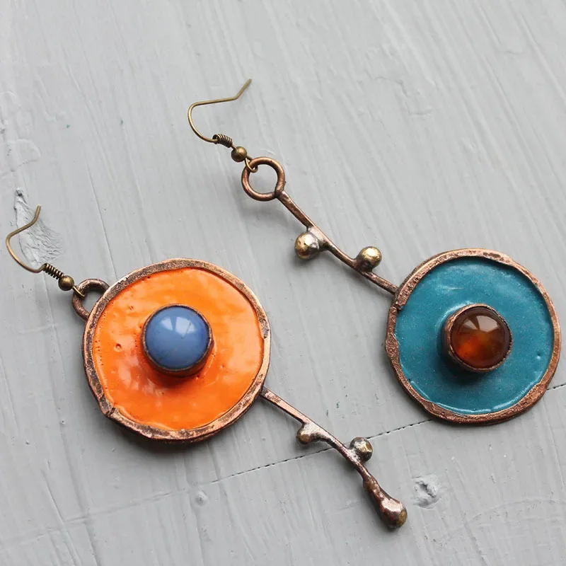 Tribal Round Red Black Oil Dripping Earrings Retro Jewelry Silver Color Metal Handmade Dangle Earrings Women Gift