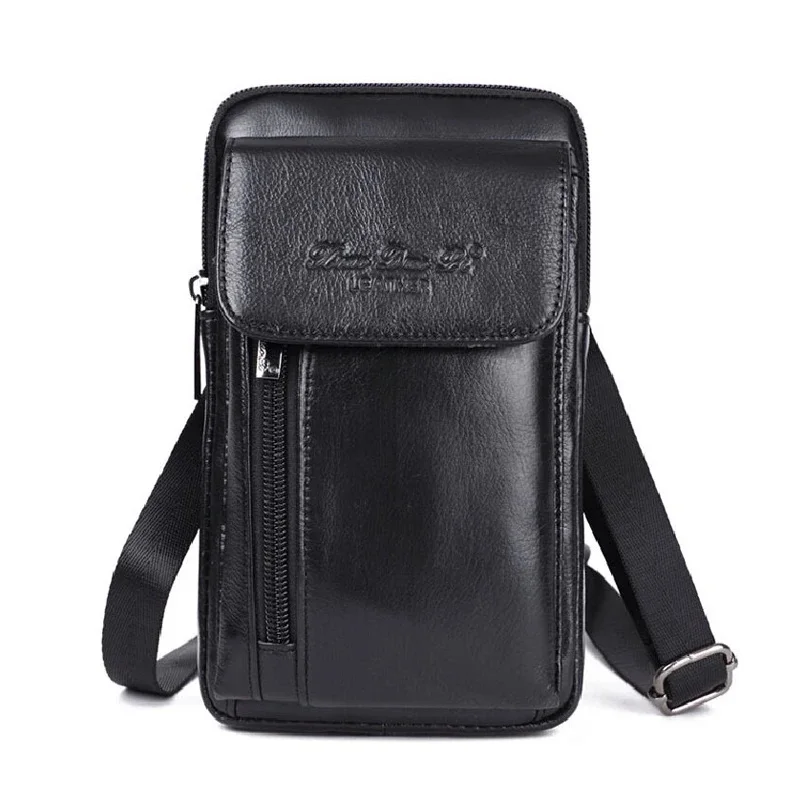 Genuine Leather Men Small Messenger Shoulder Bag High Quality Cell Mobile Phone Case Cross Body Fanny Waist Hook Belt Pack