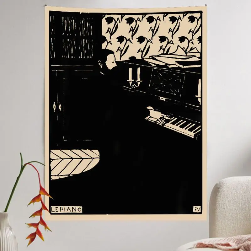 VIKAMA Vintage Piano Men Tapestry, Black, White, and Beige Woodcut Art Wall Hanging, Vintage Figure Print Tapestry, Home Decor