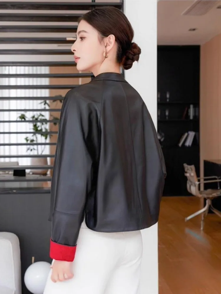 Veste en cuir véritable de mouton pour femmes, nouveau Style chinois, col montant, vêtements d'extérieur à la mode, Patchwork, simple boutonnage, manteau court décontracté