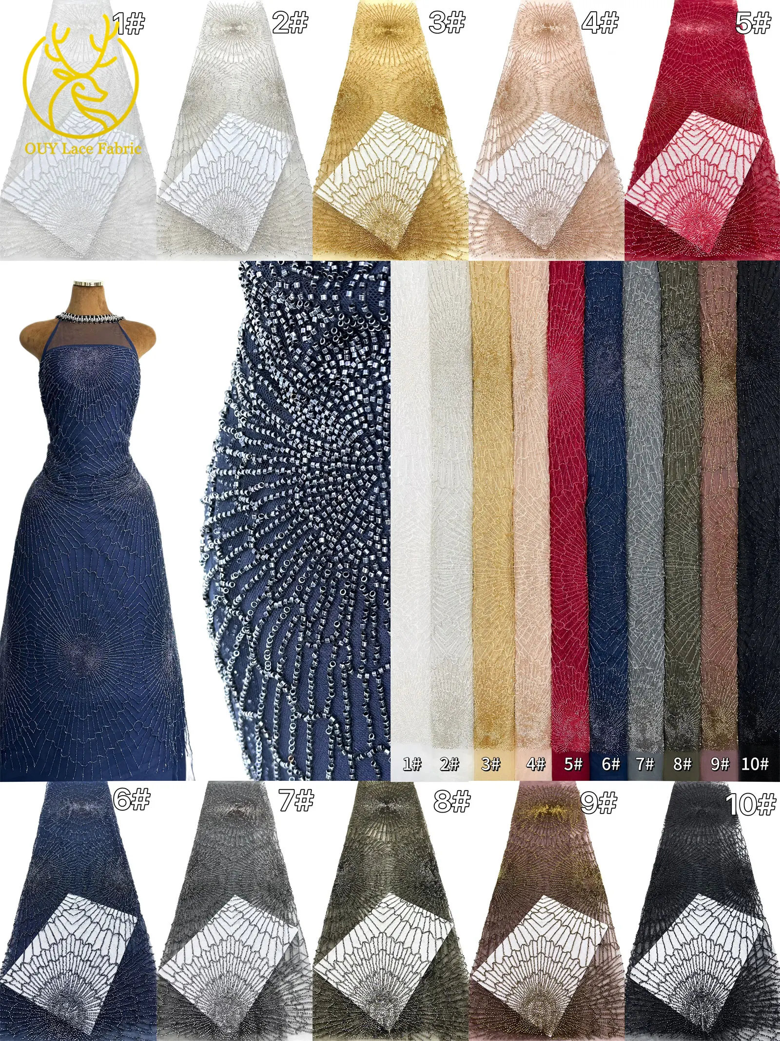 Luxuriöser afrikanischer, stark perlenbesetzter Spitzenstoff, goldene nigerianische Perlen-Spitze, französischer Tüll-Spitzenstoff für Brautkleider und Hochzeitskleider zum Nähen – Detail 4