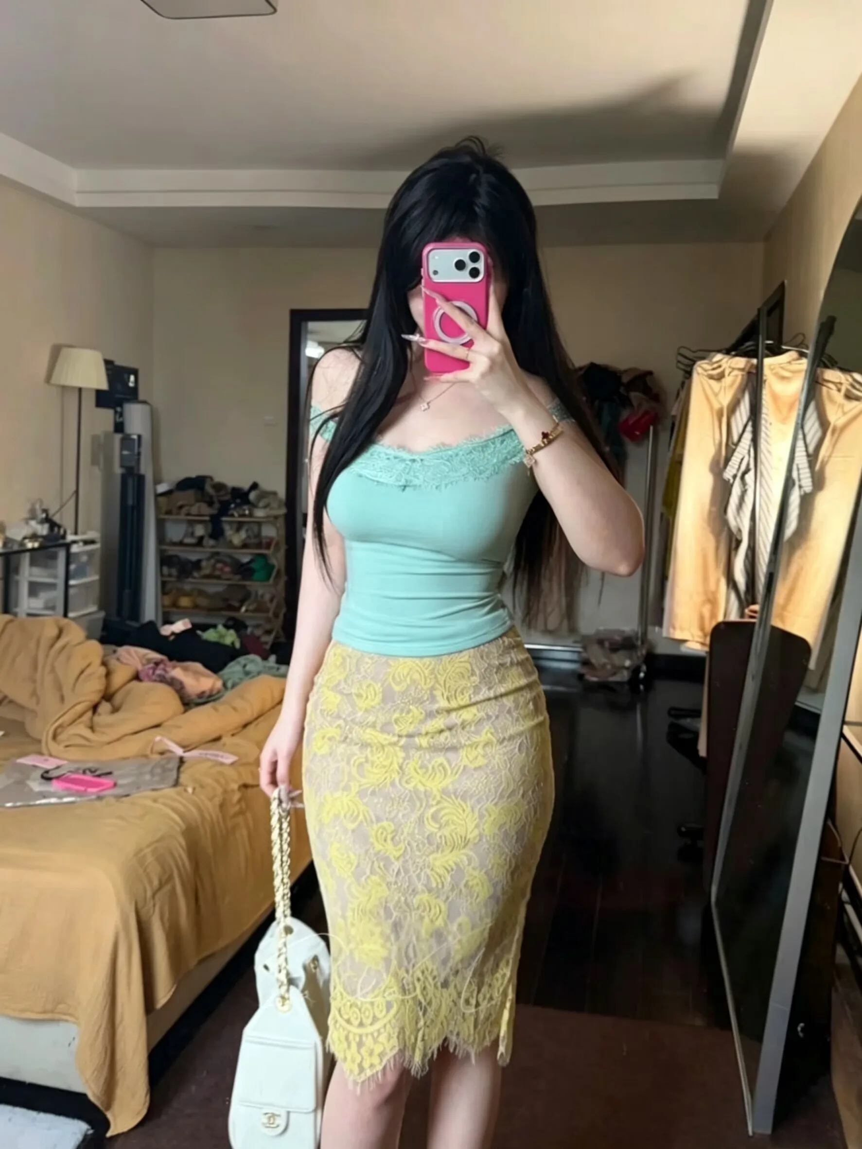 Slim Fit Knitted T-Shirt Lace Paneling V-Neck Half Body Skirt Two-Piece Set Women's High Waist Lace  Effect Skirt
