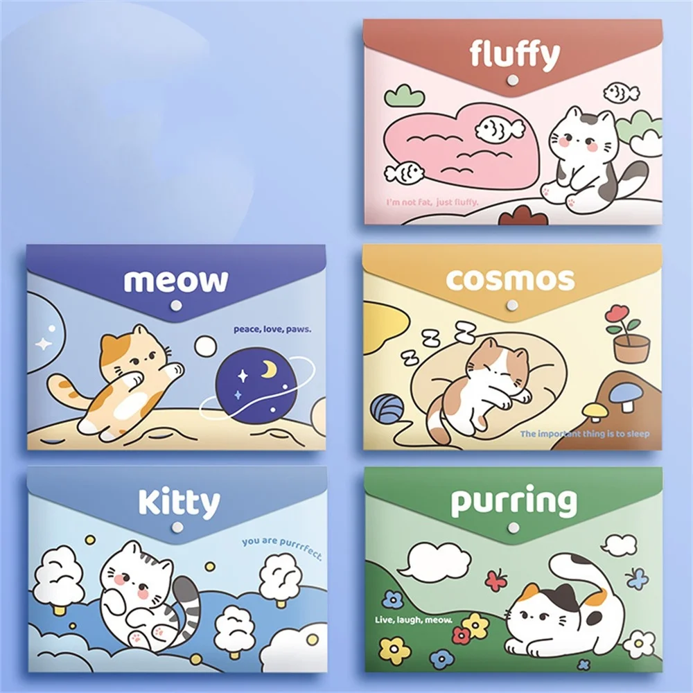 5Pcs Cartoon A4 File Folder Cute Capybara Panda File Bag Student Waterproof Transparent Test Paper Snap Stationery Storage Bag