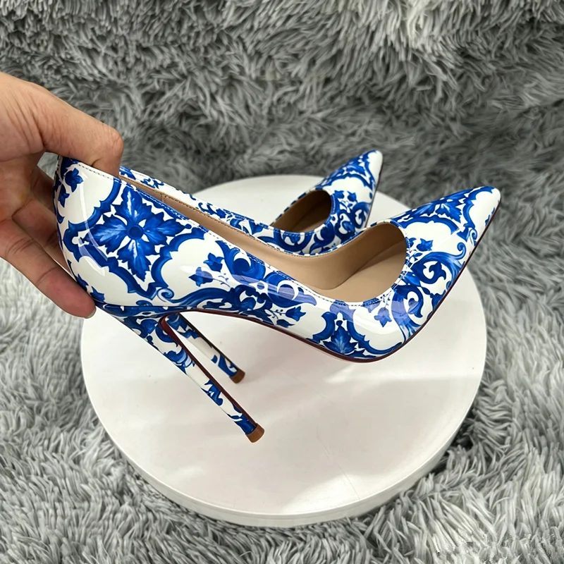 Women Blue White Porcelain Floral Print Pumps Pointed Toe Thin Stiletto High Heels Elegant Dress Shoes for Wedding Party Evening