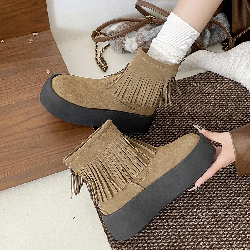 Women Ankle Snow Boots Flats Platform New Fringe Fashion Designer Winter Trend Woman Shoes Warm Comfort Boots Zapatos Mujer