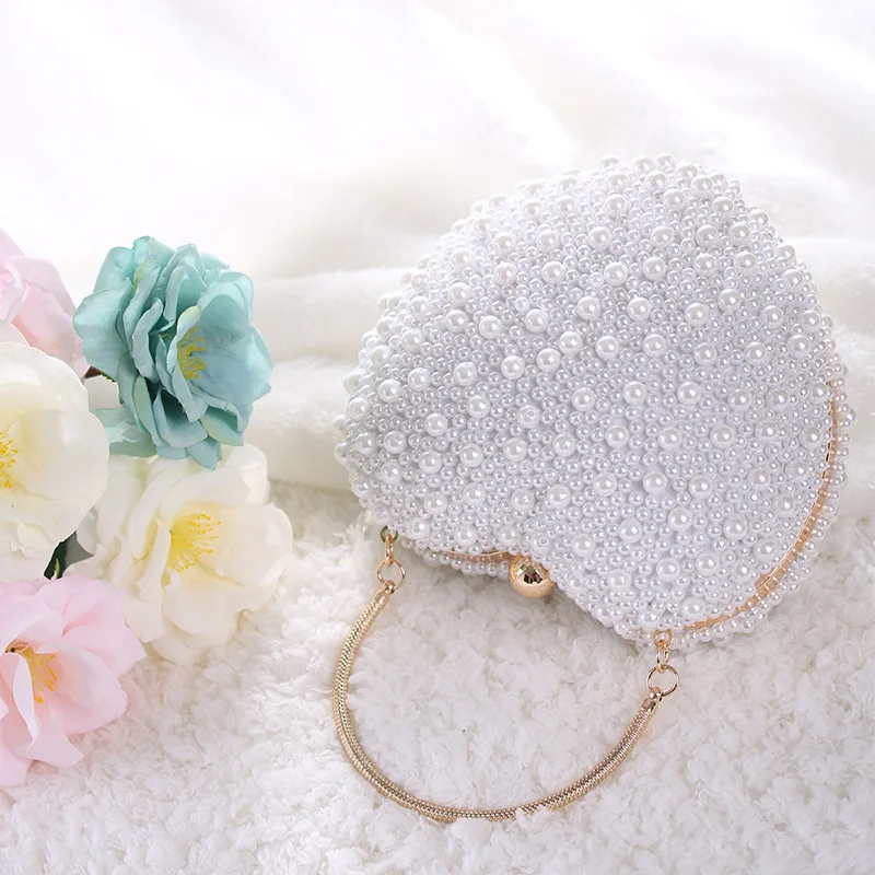 2023 Party dinner bag Pearls Heart Shaped Wedding Clutch Purse Full Side Beads Mini Wallets With Chain Shoulder Bags For Girls