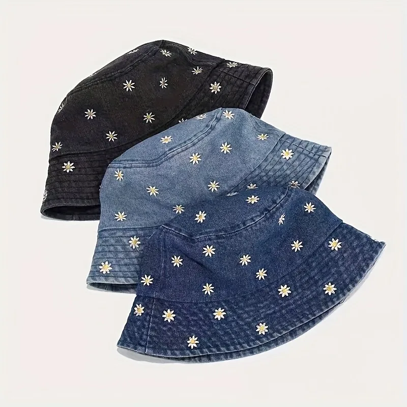 Women Daisy Denim Bucket Hat Summer Floral Fisherman Cap UV Protection Sun Hat Outdoor Travel Beach Casual Foldable Panama Hat