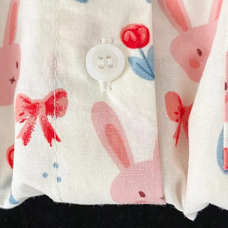 EBAIHUI French Sweet Rabbit Printed Women Shirt Summer Loose and Cute Short Sleeved Ladies Blouse Unique Sunscreen Cardigan Top