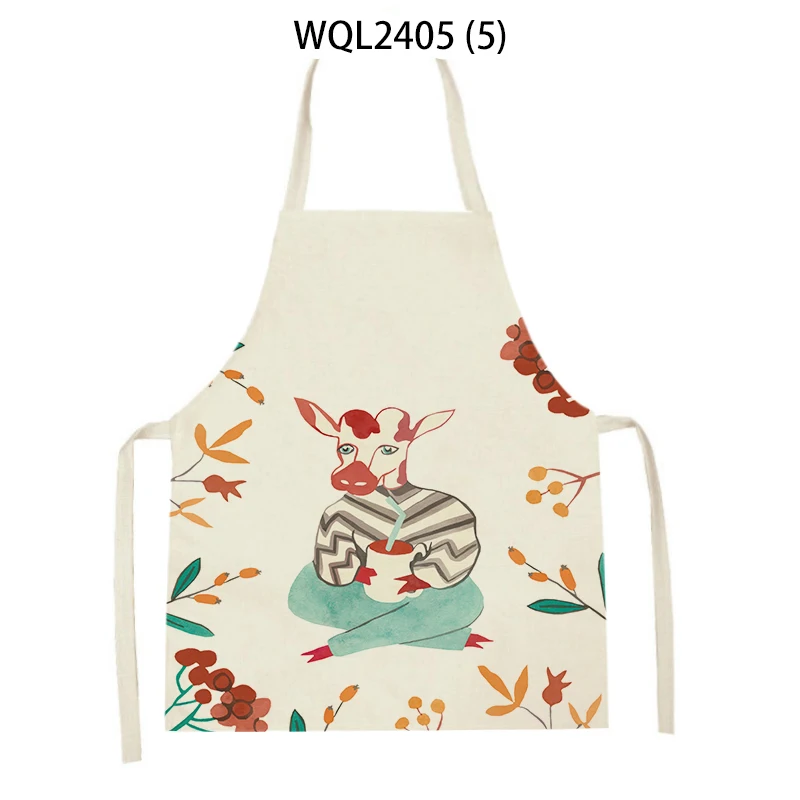 Christmas Cattle Pattern Apron Home Cooking Women Sleeveless Kitchen Cleaning Apron Linen Adult Bib Baking Accessories