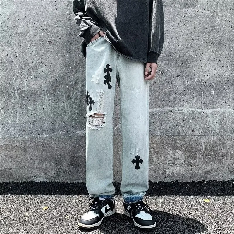 

American Streetwear Hole Jeans Women Men Hip Hop Cross Embroidery Loose Straight Micro Flare Denim Pants M-3XL