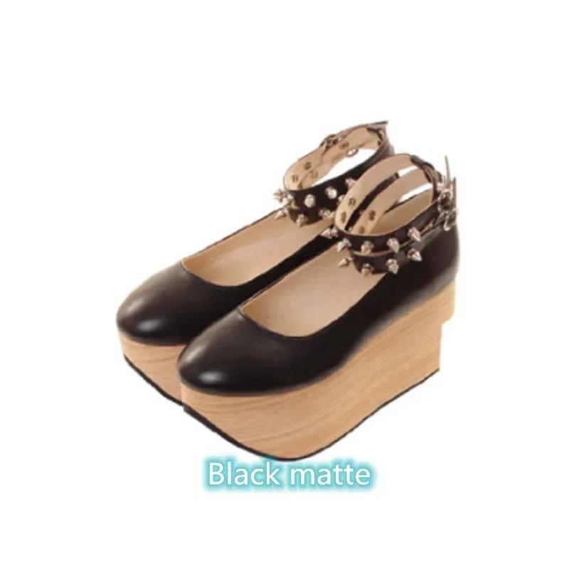 2022 Baru Bersol Keras Serat Kayu Bersol Tebal Paku Keling Hak Tinggi Sepatu Kuda Goyang Lolita Wanita