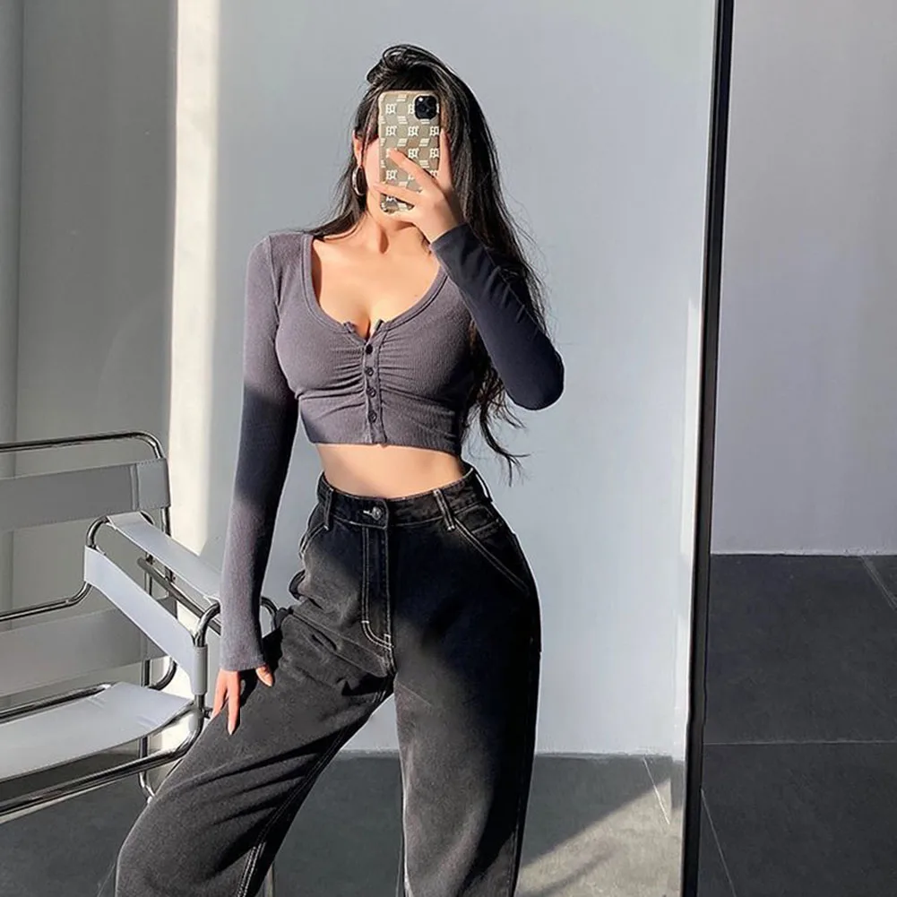 Bluzka codzienna na co dzień Bluzka z długim rękawem Bluzki z dekoltem w serek o kroju slim Casualowy styl Regularna długość Na co dzień na wyjście