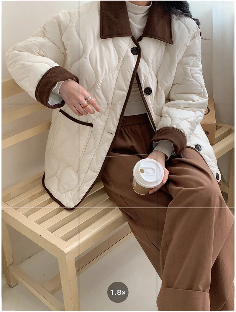 Autumn Down Cotton Padded Jacket Women's 2025 Contrast Lapel Rhombic Thin Short Loose Spring Cotton Padded Casual Coats Female