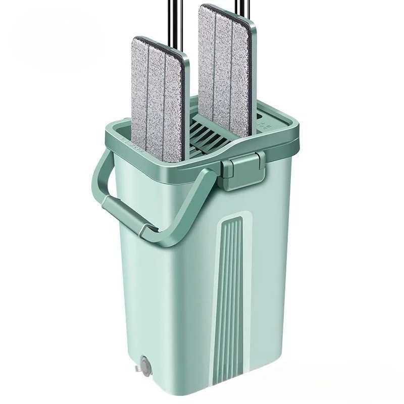 Flat Squeeze Mop with Bucket Easy Wring All Purpose Floor Cleaning Microfiber Pads Wet Dry for Hardwood Laminate