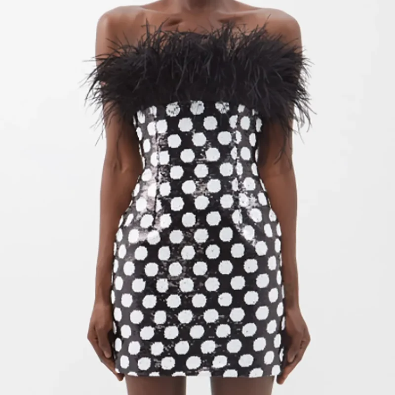 

Women's Sexy Strapless Feather Polka-dot Sequins Backless Design Tight Mini Dress Elegant Celebrity Evening Party Dress