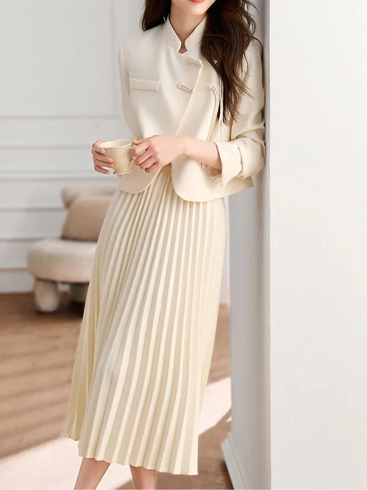 White Sexy 2 Pcs Set Knot Button Stand Collar Short Cross Coat + Loose Pleated Waist Skirt with Tassel Design Casual Summer 2024