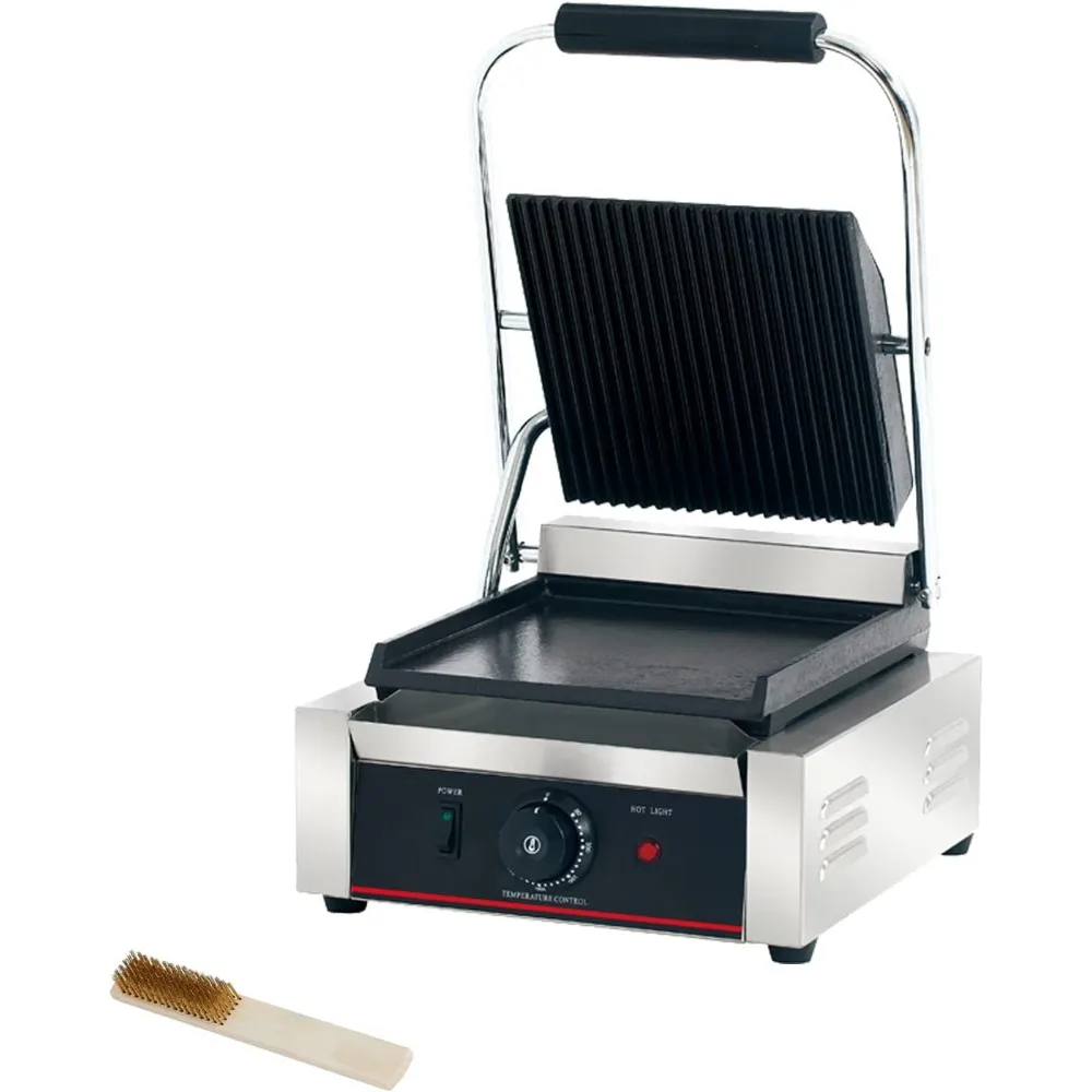 Commercial Panini Press With Grooved Grill Sandwich Maker Machine Electric Contact Grill Single (Single Grooved Top&Smooth