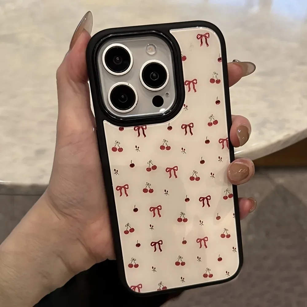 INS لطيف الكرز الأحمر Bowknot حافة سوداء جراب هاتف آيفون 17 الهواء 15 16 17 برو ماكس 14 برو 13 12 زائد الفاخرة الصلب الغطاء الخلفي