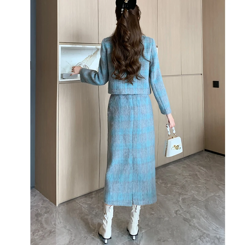 Fall Winter Women Small Fragrance Two Piece Sets Turn-down Collar Blazers Crop Coat And Pencil Skirts High Street Woolen Outfits