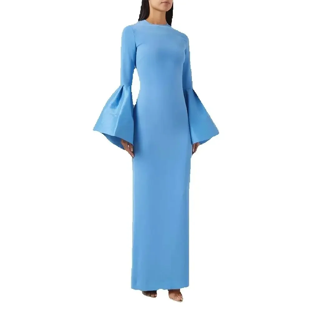 

Customized Simple Jersey Pleat Straight High Collar Long Dresses Bespoke Occasion Dresses Modern Style Sizes Available Exquisite