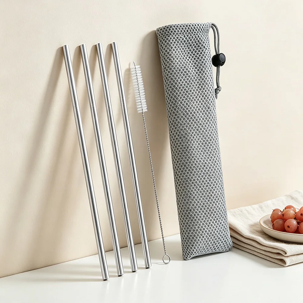 6Pcs Reusable Drinking Straw Metal Straws Cleaner Brush 304 Stainless Steel Straws Set Straight Eco-friendly Drinkware Straw Set