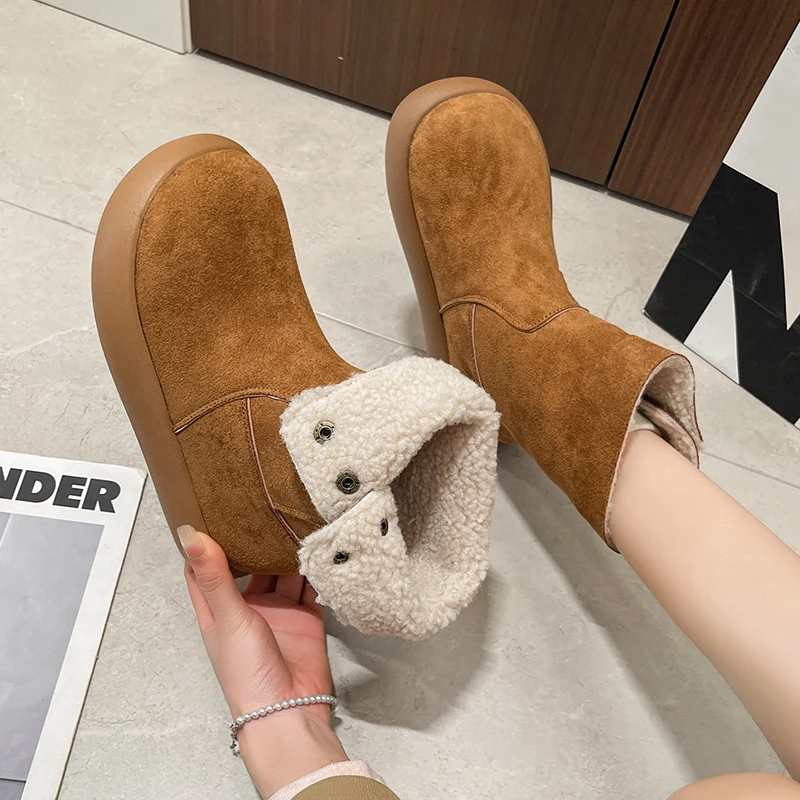 سميكة سوليد المرأة أحذية الثلوج 2025New الخريف الشتاء الصوف مبطن سميكة أحذية قطنية المرأة الدفء الفراء أحذية بوت قصيرة