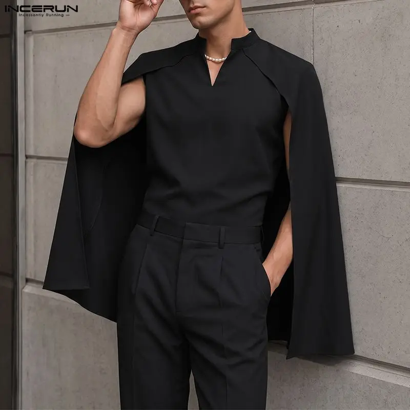 INCERUN Men's Irregular Shirt Cloak V Neck Shawl Fashion Casual Ponchos Cape For Man Streetwear Loose Leisure Men Clothes 2026