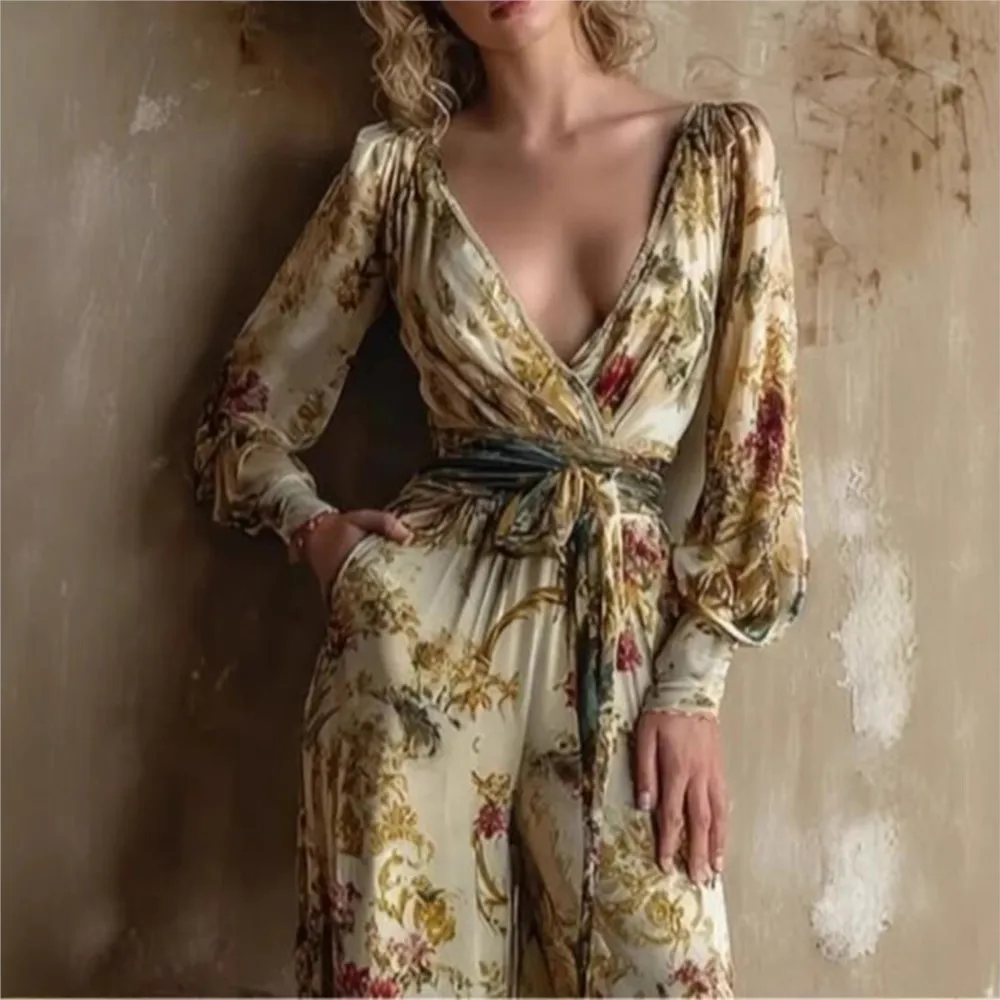 Women Vintage Floral Print Jumpsuit Deep V Neck Long Lantern Sleeve High Waist Wide Leg With Pockets Elegant Vacation Jumpsuits