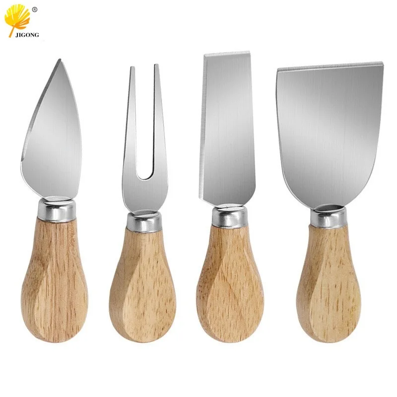 Stainless Steel Cheese Knife - 4-piece Set Oak Handle Butter Pizza Fruit Fork