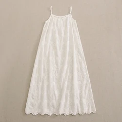 Summer Japanese Sweet Mori Girl Embroidery Spaghetti Strap Cotton Dress Women O-Neck Sleeveless Midi A-line Dresses Underdress