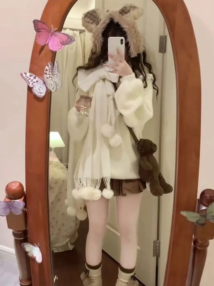 خمر Kawaii طويلة الأكمام سترة مشغولة من الصوف معطف المرأة اليابانية لطيف سستة بلوزات الإناث عادية Y2k سترة معطف شيك #5