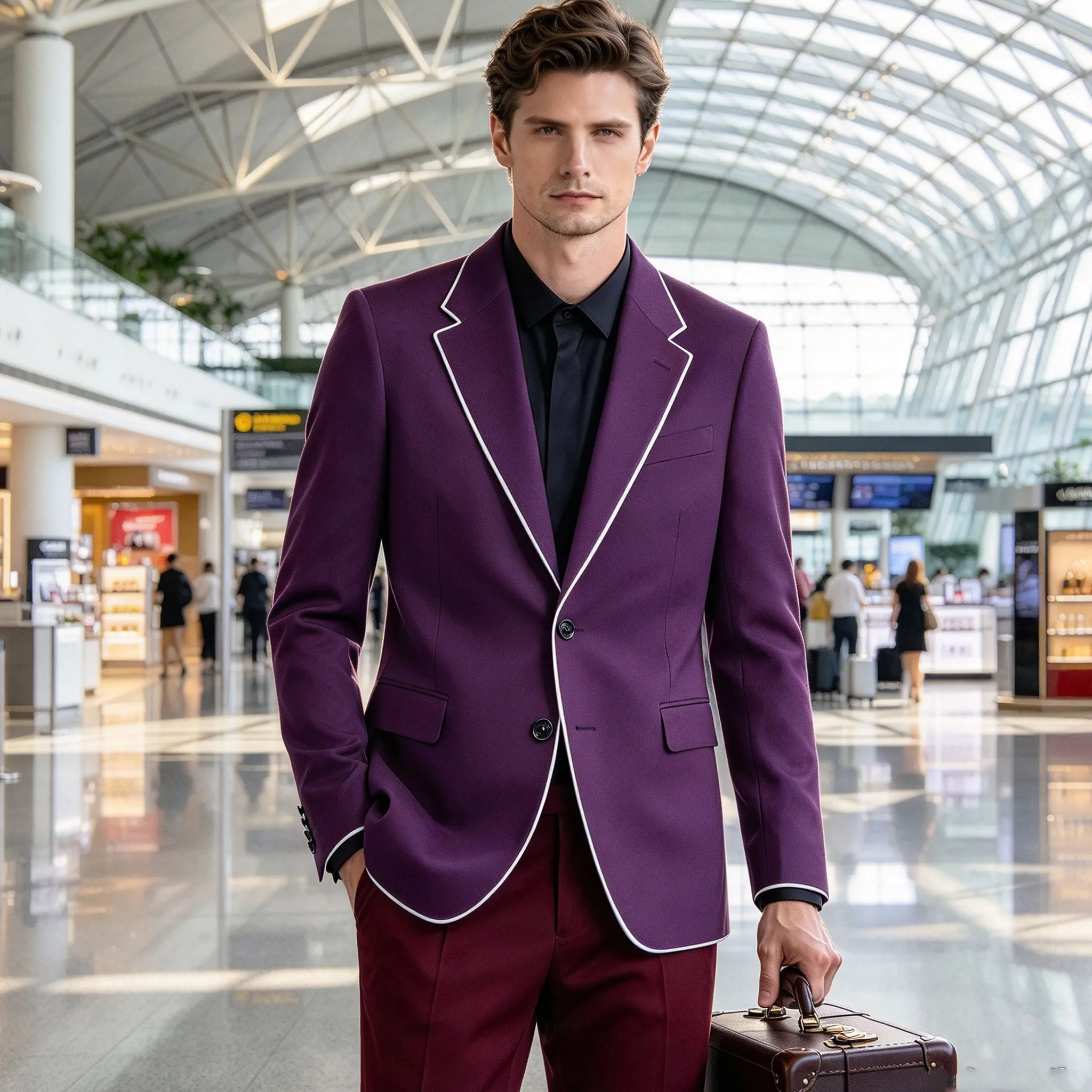 Men's Serge Jacket White Piping Notched Lapel Single Breasted Slim Fit High Quality Formal Suit Jacket Business Wedding Party