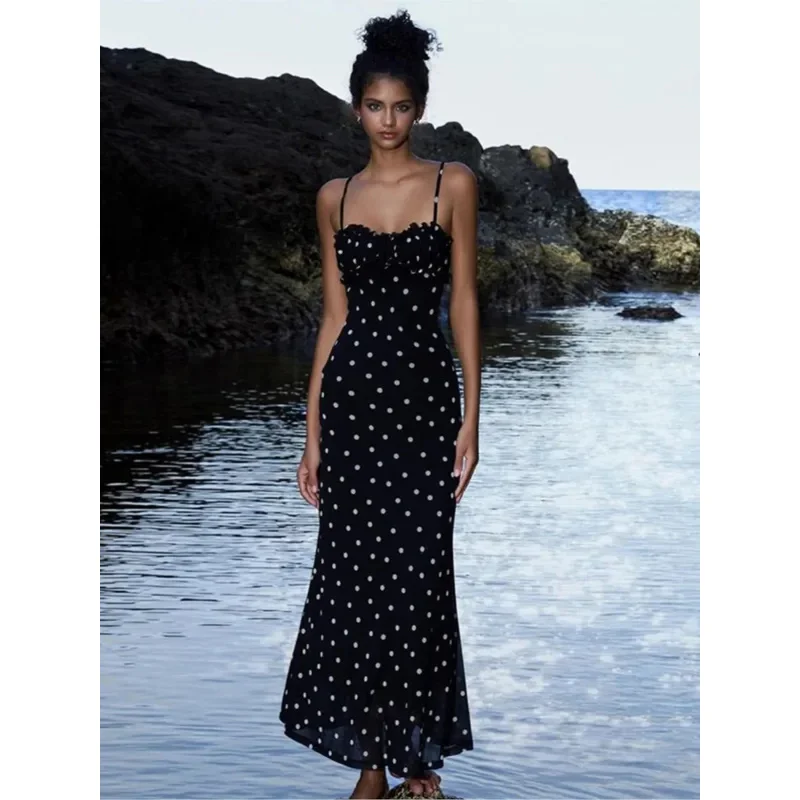 Robes à bretelles Spaghetti imprimées à pois pour femmes, tempérament français, Sexy, coupe basse, dos nu, paquet de hanches, robe moulante, été