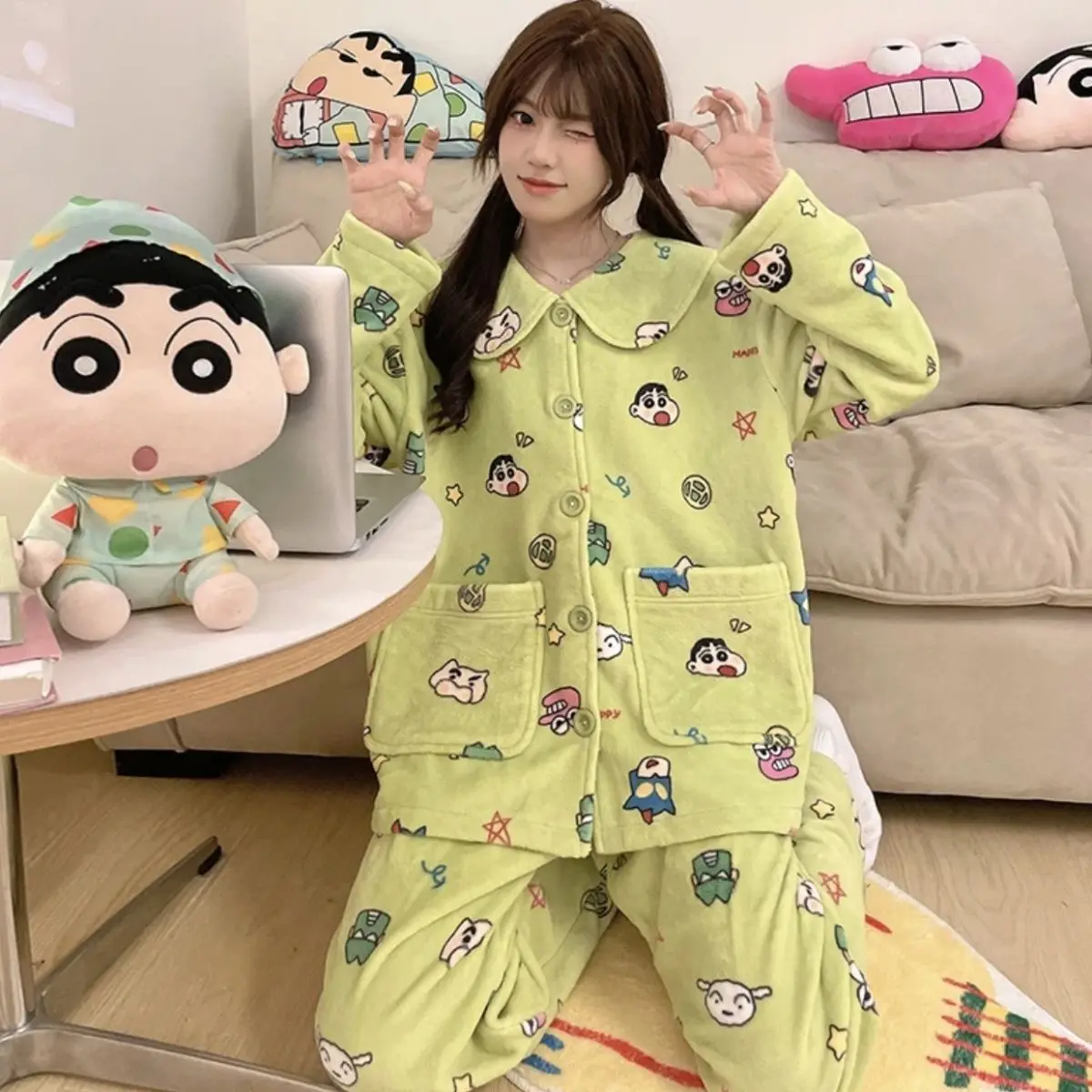 2024 New Crayon Shin-chan Women's Pajama Set Winter Warm Flannel Cute Girls Long Sleeve Long Pants Pajamas Casual Lounge