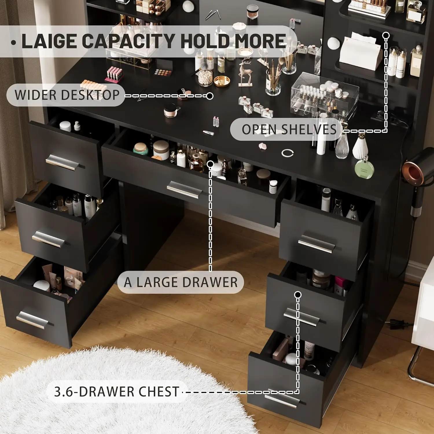 مكتب زينة مع مرآة وأضواء LED وطاولة مكياج بمنفذ طاقة مع 7 أدراج و6 أرفف تخزين