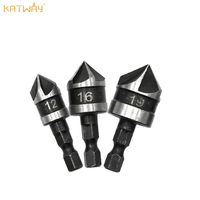 KATWAY 3PC 90 Degree Hexagonal Shank Chamferer Five Blade Countersink Drill 12/16/19mm Woodworking Hole Opener Tool Set HH-AA141