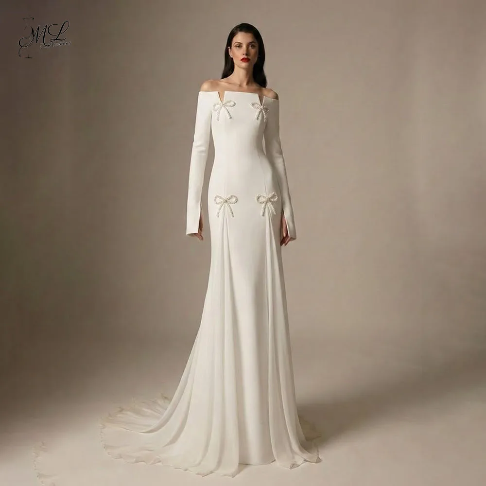 

ML Elegant Long Sleeve Beaded Bow Wedding Gown Matte Satin Evening Prom Party Mermaid Dress Chapel Train Saudi Customized 2026